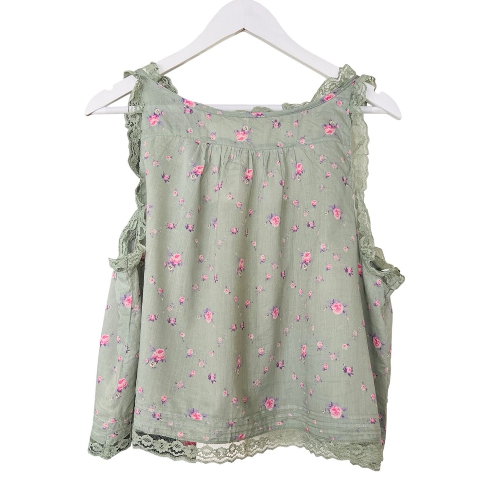 New FREE PEOPLE Forevermore Sheer Lace Floral Print Top Meadow Green Sz L - Picture 14 of 15